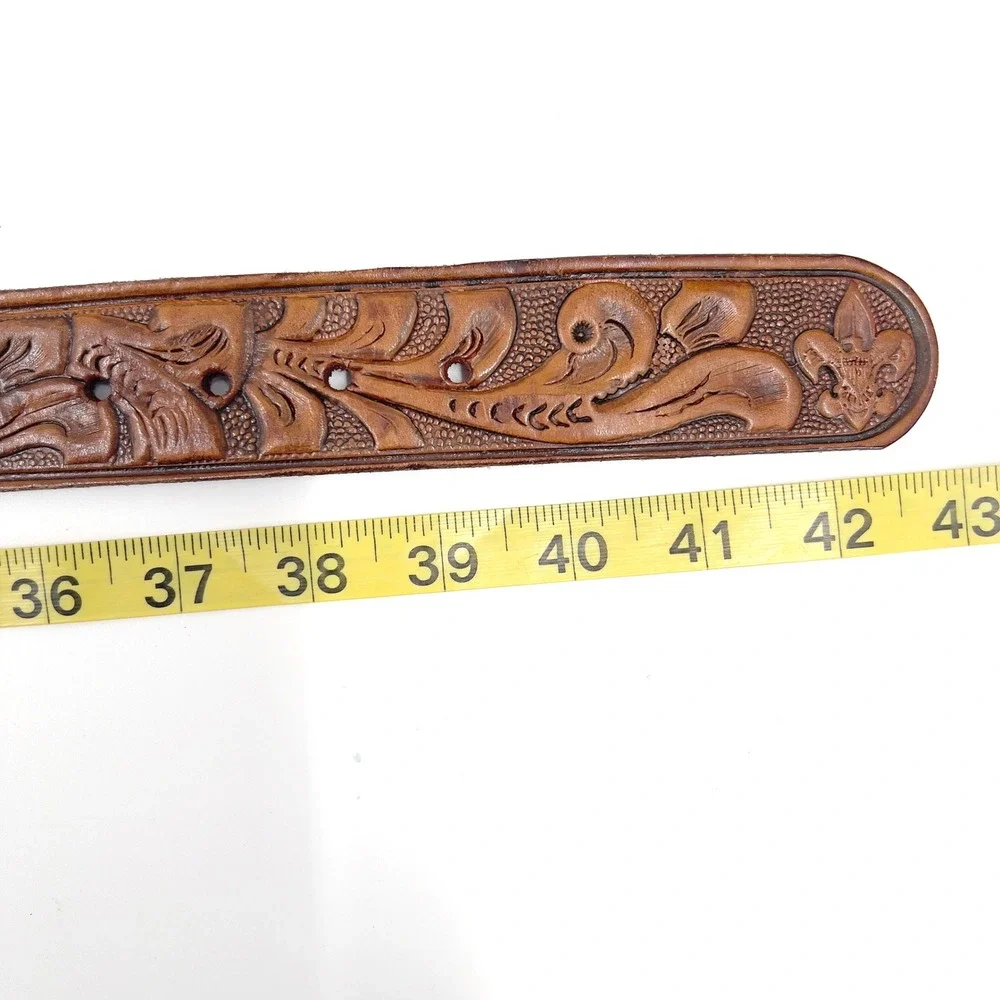 VTG Boy Scouts of America Eagle Scouts Tooled Leather Belt Brass Eagle Buckle 36